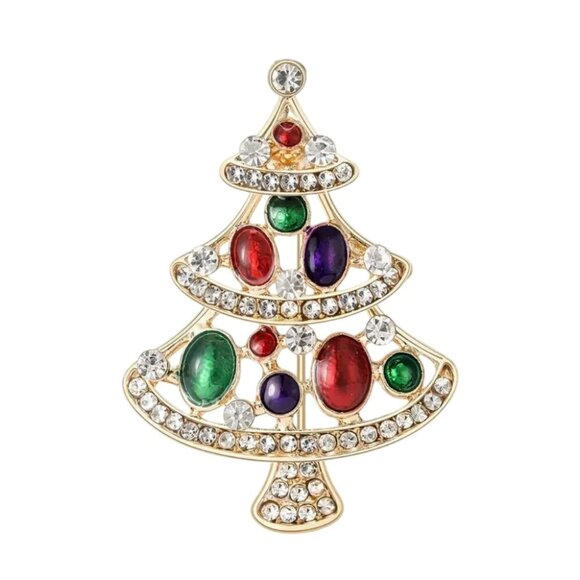 Gold Tone Christmas Tree Brooch Pin With Multicolor Enamel & Crystal Accents - Picture 1 of 3